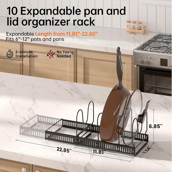 MUDEELA Expandable Pot Pan Lid Organizers inside Cabinet, 10 Divider-Bronze | Expandable 11.8–22.9", 10 Adjustable Divider, Tool-Free Assembly, Non-Slip, Scratch-Proof, For Pan Lid Cutting Board Bakeware - Image 2