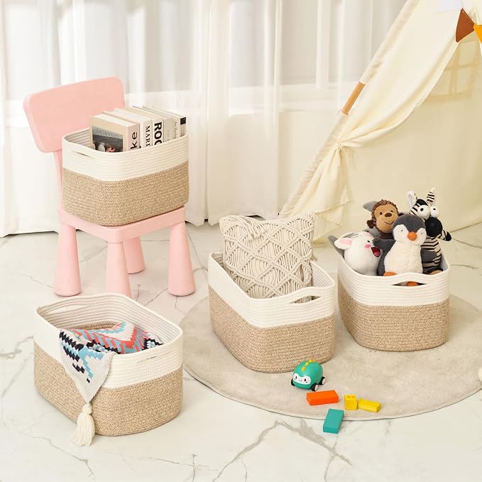 ICERZCZ Storage Baskets for Organizing & Shelves, Woven Cotton Rope Organization Bins for Dog Toys, Clothes, Books, Nursery Organizer, 15"Lx11''Wx9.5''H, (4 Packs) Off White & Brown - Image 8