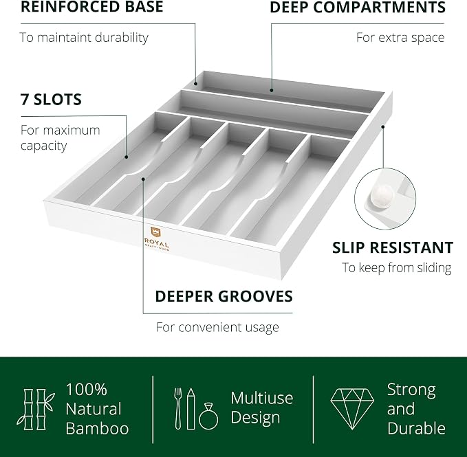 ROYAL CRAFT WOOD Luxury Bamboo Kitchen Drawer Organizer - Silverware Organizer - Utensil Holder and Cutlery Tray with Grooved Drawer Dividers for Flatware and Kitchen Utensils (7 Slot, White) - Image 4