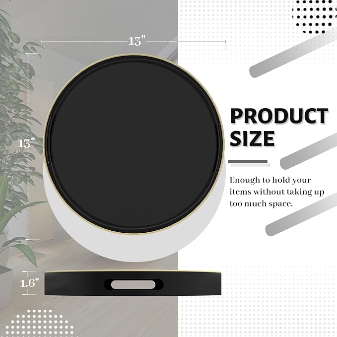 13" Black Decorative Tray, Plastic Round Serving Tray with Handles | Decorative Tray for Coffee Table, Modern Ottoman Tray, Circle Tea Tray, Round Melamine Tray for Living Room, Bathroom - Image 2
