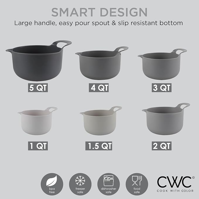 COOK WITH COLOR Nesting Plastic Mixing Bowl Set with Pour Spouts and Handles, Gray, 6 Piece Non-Slip - Image 7