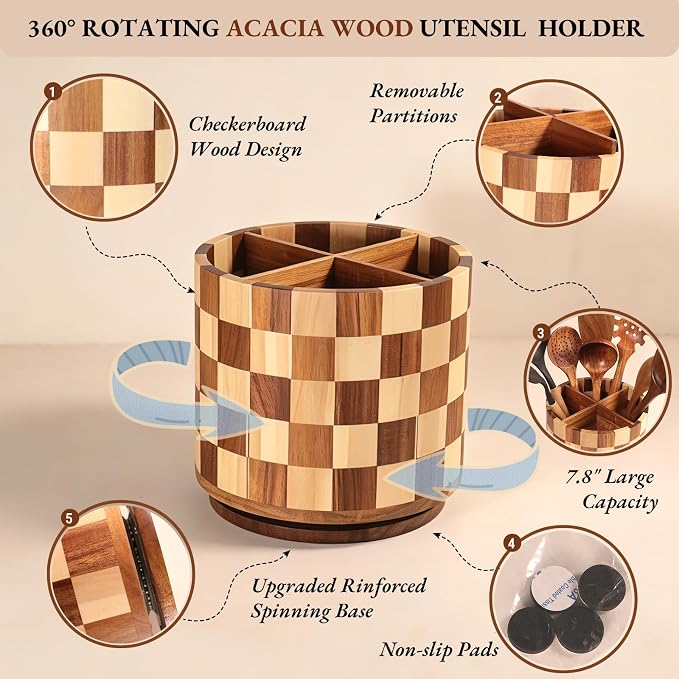 Rotating Wooden Utensil Holder – 7.8” Round Acacia Wood Kitchen Utensil Organizer with Checkered Design, Large Countertop Crock for Spatulas, Spoons & Cooking Tools, Farmhouse Kitchen Decor - Image 2