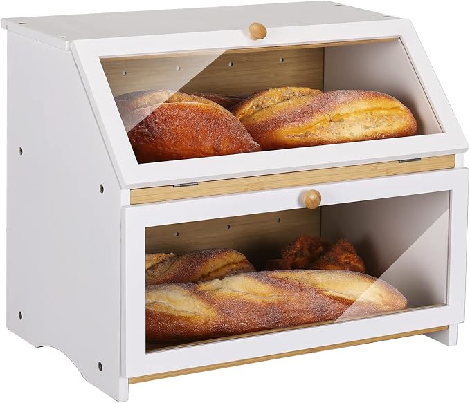 HOMEKOKO Double Layer Wood Bread Box for Kitchen Counter,Keep Fresh, White | Keeps Bread Fresh 3-4 Days, Large Capacity Fits 2+ Loaves, Suitable For Home Kitchen Food Storage Use, See-Through Window by HOMEKOKO