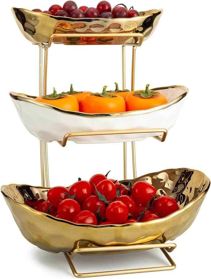 3 Tier Ceramic Fruit Bowl for Kitchen Counter with Metal Rack, Fruit Basket with Stand, Porcelain Bowls for Vegetable Bread Candy Snack Nuts Dessert Cake Tray (Gold 3 Layer) - Image 7