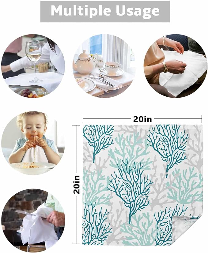 Turquoise Coral Cloth Napkins Set of 8 - Washable Dinner Napkins Reusable Table Napkins for Home Party Weeding Dining Table Setting Decoration, Oversized 20"x20" Gradient Teal Gray Modern White - Image 5