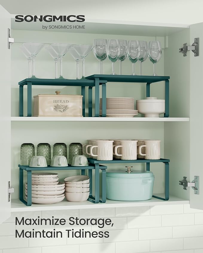 SONGMICS Cabinet Organizer Shelf, Set of 2 Kitchen Counter Shelves, Kitchen Storage, Spice Rack, Stackable, Expandable, Metal and Engineered Wood, 11.7 Inches, Marrs Green UKCS002C02 - Image 2