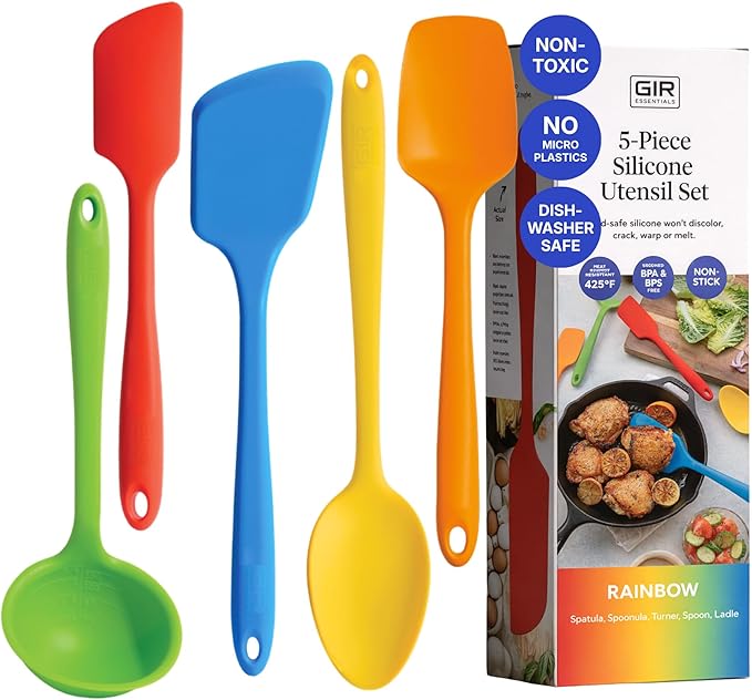 GIR 5-Piece Silicone Kitchen Utensils Set, Non-Toxic Cooking Utensils for Cooking and Baking, Heat Resistant, Food Grade, Dishwasher Safe Rubber Spatula, Ladle, Spoon - Rainbow by GIRGetItRight