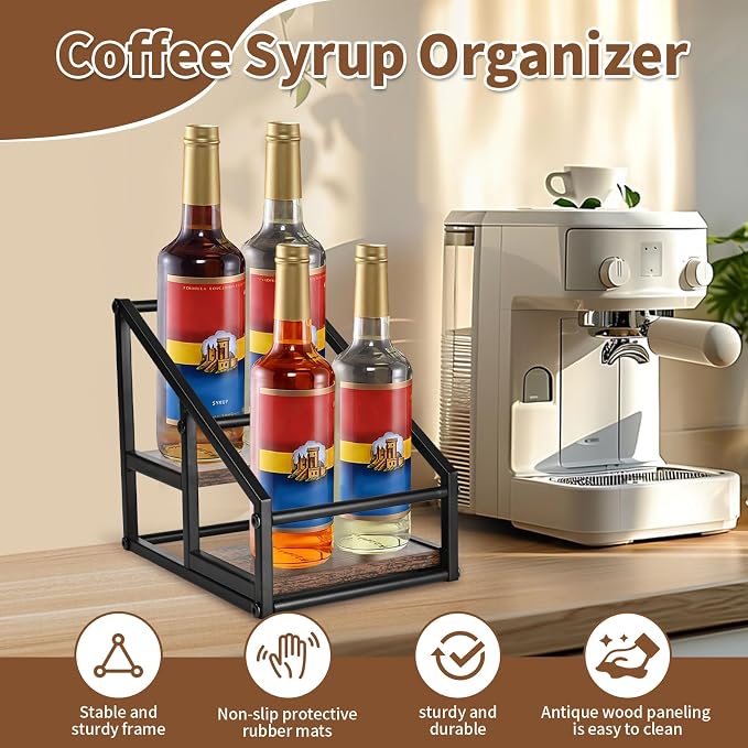 YQBRAO 2-Tier Coffee Syrup Organizer, 4-Bottle Rack, Rustic Brown | Holds 4 bottles in a narrow two-tier footprint for small counters, coffee corners, apartments, and bar carts. - Image 2