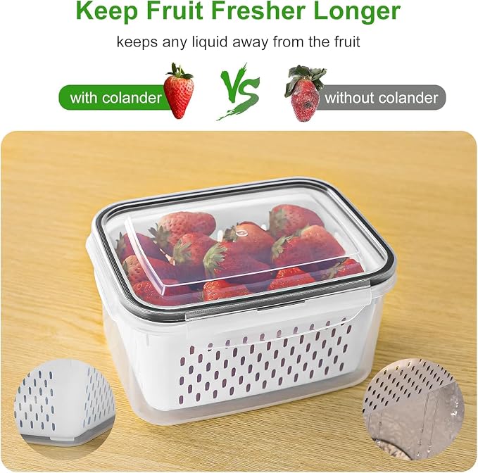 Fruit Storage Containers for Fridge with Removable Colander 6 pcs | Airtight Food Storage Container Dishwasher Safe Produce Saver for Refrigerator Keep Berry Fruit Fresh Longer Large Clear - Image 3