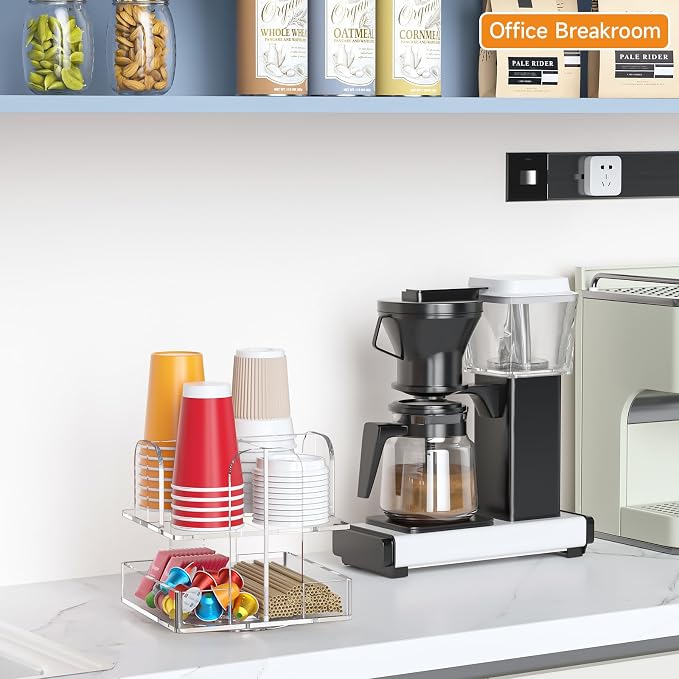 Beego Rotatable 6 Compartment Clear Acrylic Cup Dispenser - Coffee Station Cup and Lid Carousel Countertop Plastic Cup Holder for Restaurant Breakroom Coffee Bar - Image 5