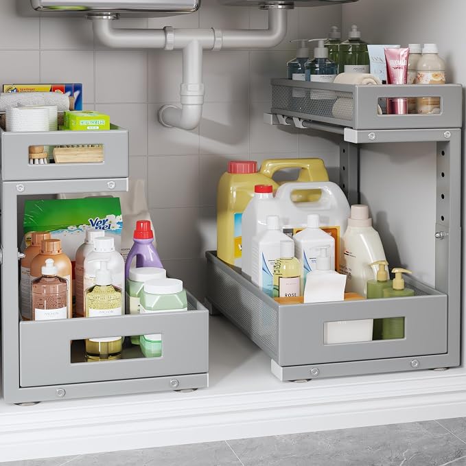 2-Pack Under Sink Storage Organizer, Large 2-Tier Elegant Mesh Pull Out Shelf for Kitchen and Bathroom Cabinet Organization, L-Shaped and Adjustable Height Design-Gun Gray by UnderSinkOrganizer