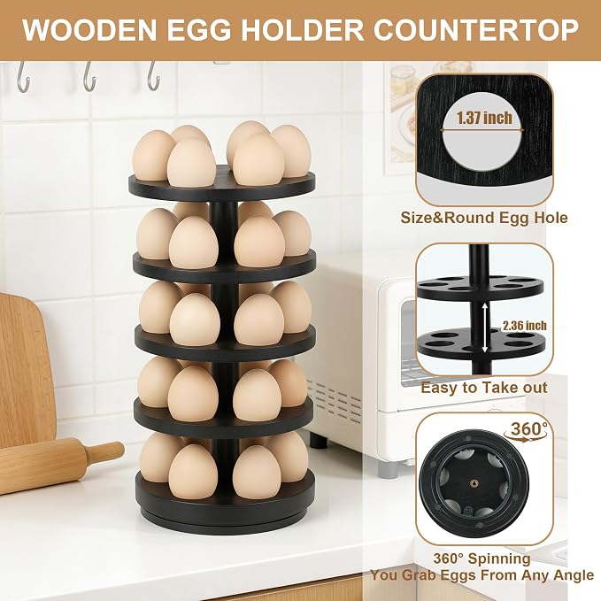 Wooden Fresh Egg Holder Countertop, Countertop Egg Holder | 5 layer, rotating countertop egg holder for fresh eggs, stackable with 30 eggs for countertop kitchen-black - Image 4
