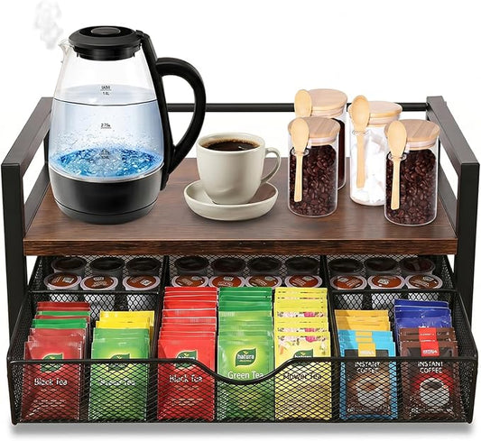 Tea Bag Organizer with 6 Compartments, Extra Large Countertop Tea Holder | Wooden Tea Holder, 6 Compartment Tea Drawer Caddy, Countertop Coffee & Tea Station Organizer for Kitchen & Office by DecorYc