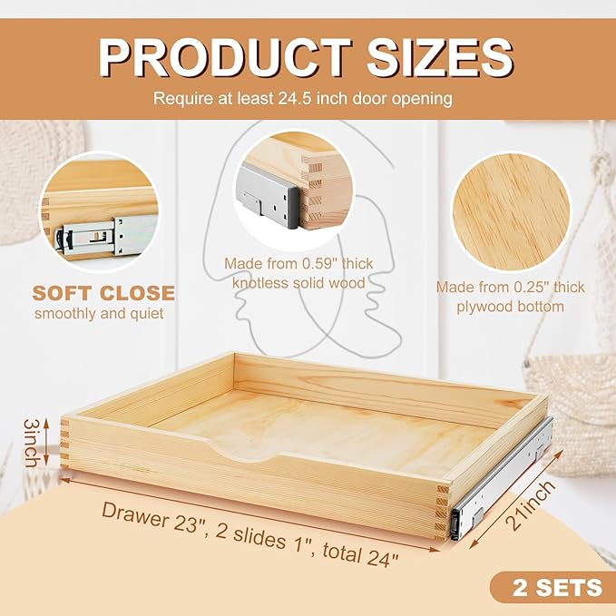 2 Set Wooden Pull out Cabinet Organizer Fully Assembled Slide out Pantry Drawer with Gentle Close Storage Shelf Tray for Base Kitchen Under Sink Bathroom Accessory(Wood Color,24'' X 21'' X 3'') - Image 3