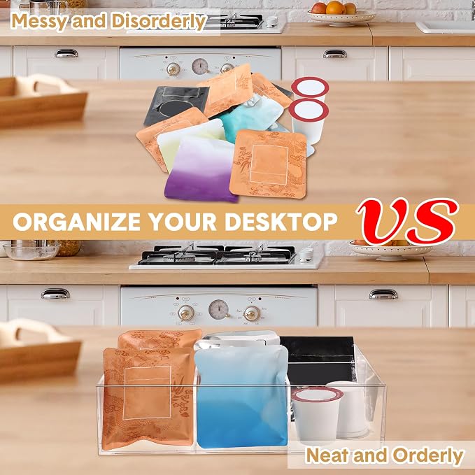Maitys 4 Pcs Acrylic Tea Bag Organizer Divided Storage with 6 Compartments Clear Acrylic Stash Box Condiment Holder Pantry Organizer for Snacks Coffee Sugar Tea Bar Accessories - Image 4