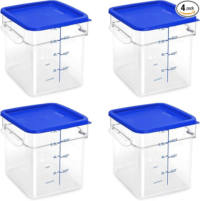 4 Pack Food Storage Containers with Blue Lids, 8.0 Qt - Square, Clear, Polycarbonate, for Restaurant Commercial Kitchen and Home party by TSUBOR