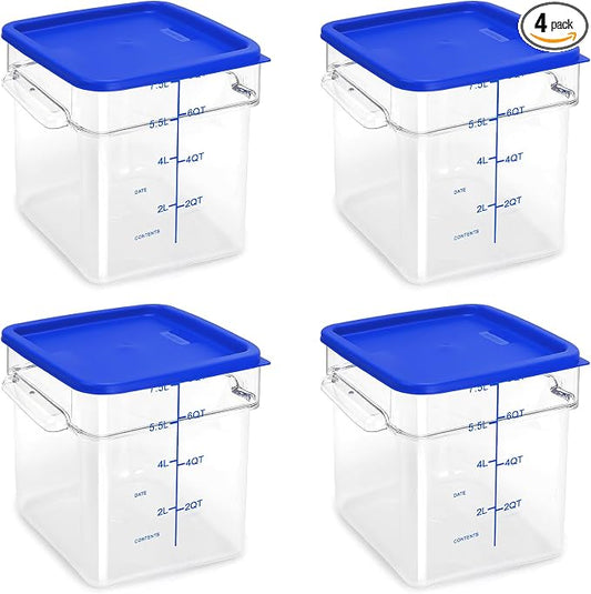 4 Pack Food Storage Containers with Blue Lids, 8.0 Qt - Square, Clear, Polycarbonate, for Restaurant Commercial Kitchen and Home party by TSUBOR