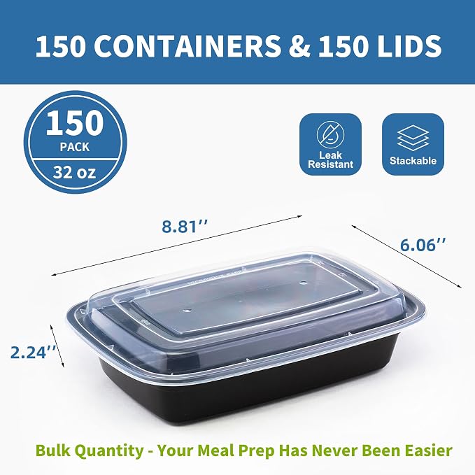 32oz Meal Prep Containers, 150 Sets Disposable Food Storage Boxes with Lids | BPA Free, Microwave/Dishwasher/Freezer Safe, Reusable Plastic, Bulk To Go Lunch Boxes - Image 2