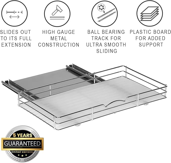 Pull-Out Cabinet Spice Rack Organizer, 20 ⅜"W x 10 ⅜"D x 2 ¾"H | Slim Slide-Out Storage for Spices, Bottles & Jars, Premium Heavy-Duty Steel, Easy Install for Narrow Kitchen Cabinets, Chrome - Image 2