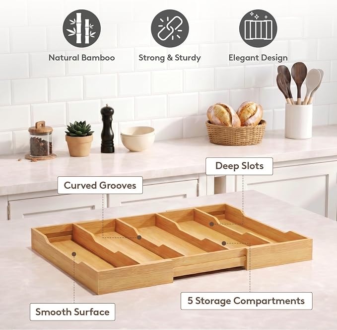 Lifewit Utensil Organizer for Kitchen Drawer, Expandable Cooking Utensil Tray, Cutlery Silverware Flatware Holder, Wood Adjustable Spatula Tools Storage Divider, 12.6-22.8x14/ 32-58x35.6cm, Natural - Image 9