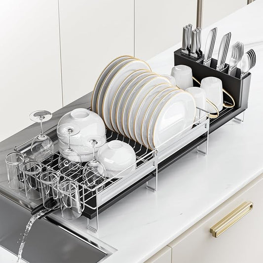 Stainless Steel Dish Drying Rack - Expandable Dish Racks for Kitchen Counter Organizer with Drain Board, Detachable Utensil & Cup Holder, Dish Drainer for Small Kitchen Counter, Black by Pantasia