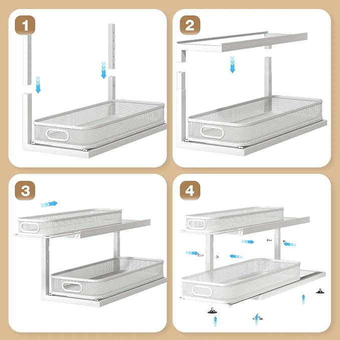 2-Pack 21.3 IN Depth Under Sink Organizer With Next-Gen Ball-Bearing Slides,Sophisticated Mesh 2-Tier Pull Out Shelf for Kitchen & Bathroom,Fits Small Items-White(Patented) - Image 6