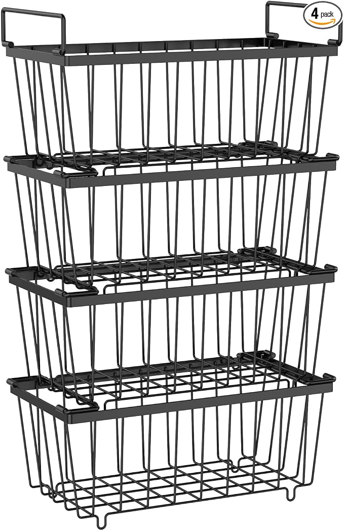 Freezer Organizer Bins - Small Storage Baskets for 7 Cu.Ft, 4 Pack | Easy Access Handles, Stackable Deep Freezer Wire Baskets, Vertical Space Sorts for Frozen Meat, Vegetable and Bagged Items by iSPECLE