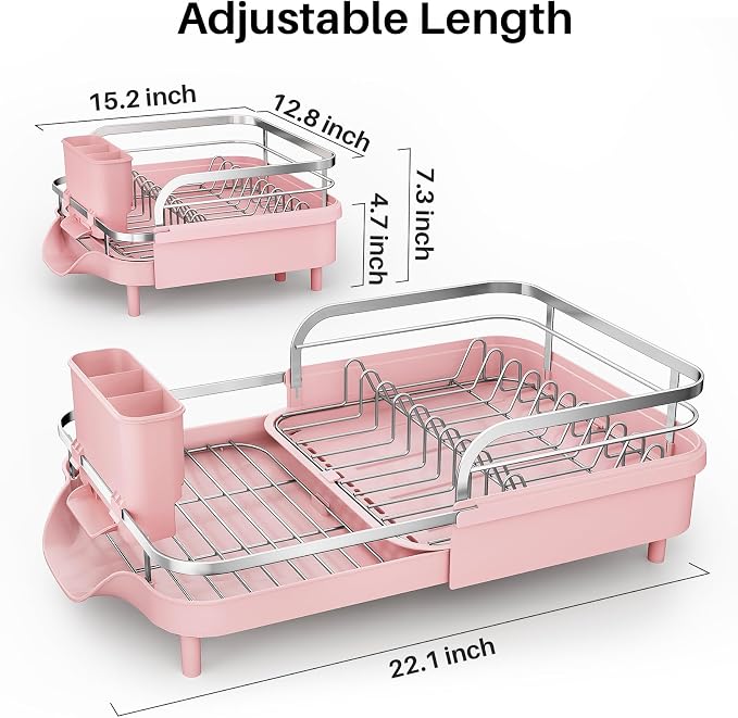 SNTD Dish Drying Rack, Expandable Dish Rack for Kitchen Counter, Stainless Steel Dish Drainer with Drainboard Set and Utensil Holder (Pink) - Image 2