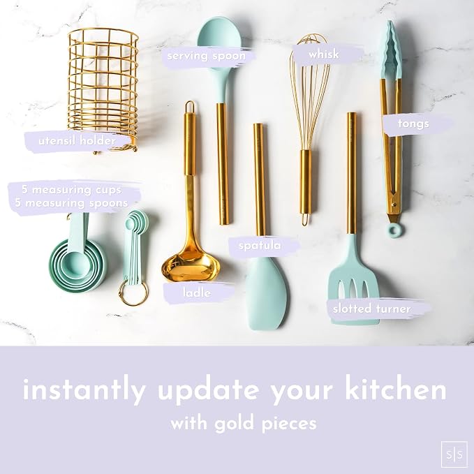 Styled Settings Teal Blue Kitchen Utensils Set with Holder, 17-Piece, Gold | Nonstick Safe Cooking Utensils with Gold Utensil Holder - Stylish Teal Blue Kitchen Accessories for Cooking and Baking - Image 2