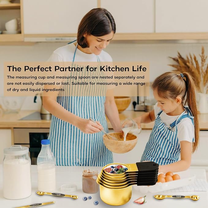 Magnetic Measuring Cups and Spoons Set, Including 7 Stainless Steel Nesting Gold Measuring Cups & 8 Magnetic Gold Measuring Spoons with 1 Leveler for Cooking & Baking - Image 6