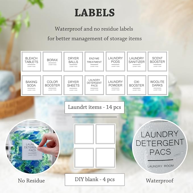 FyndraX Laundry Glass Jars with Dryer Sheets Holder, Containers with Scoop and Labels for Laundry Room Organization and Storage Detergents Pods or Powder, Scent Booster Beads, Set of 3 - Image 6