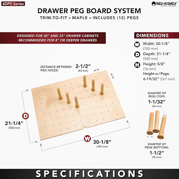 Rev-A-Shelf Trimmable Pegboard Drawer Divider Organizer | Trim to Custom Fit Wooden Kitchen Cabinet Storage Utensil, Pots & Dish Rack, 30 x 21, 4DPS-3021 - Image 3