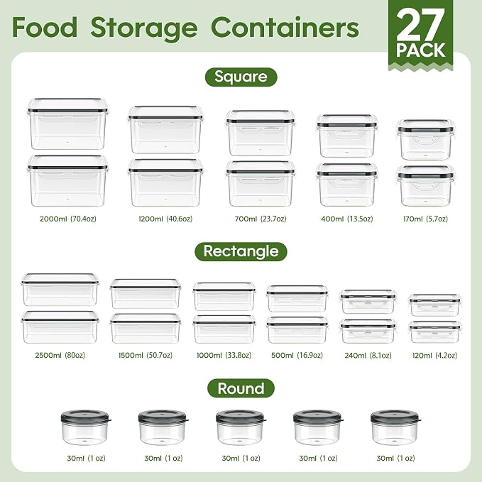 KEMETHY 54-Piece Food Storage Containers with Lids(27 Containers & 27 Lids), Plastic Food Containers for Pantry & Kitchen Storage and Organization, BPA-Free, Leak Proof, Reusable with Labels & Pen - Image 2