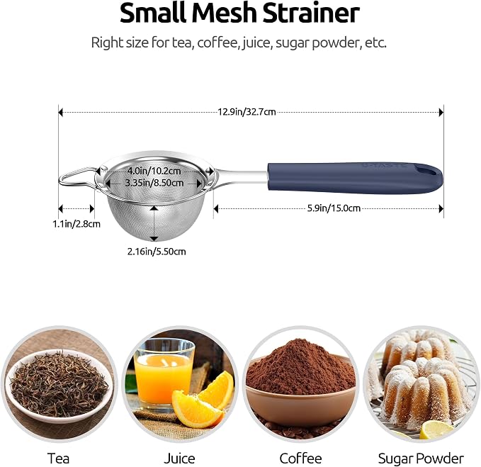 U-Taste 18/8 Stainless Steel Measuring Cups and Spoons (Set of 10, Midnight Blue), and Fine Mesh Strainer with Sturdy Riveted Silicone Handle and Strong Frame (Midnight Blue) - Image 4
