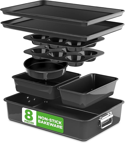 NutriChef 8-Piece Stackable Nonstick Bakeware Set - Premium Steel Baking Pans Set - Includes Round Cake Pan, 6-Cup Muffin Pans, Wide/Square Brownie & Loaf Pans, Cookie Sheet, & Roaster Pan (Black) by NutriChef%E2%84%A2Kitchen