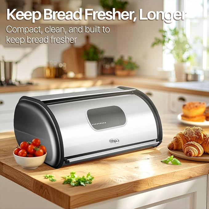 Flexzion Stainless Steel Bread Box for Kitchen Countertop, 16 Inch, Silver | Large Bread Storage Container with Roll-Top Lid, Front Window, Rear Vents, and Room for Bread, Bagels, Muffins, and Pastries - Image 2