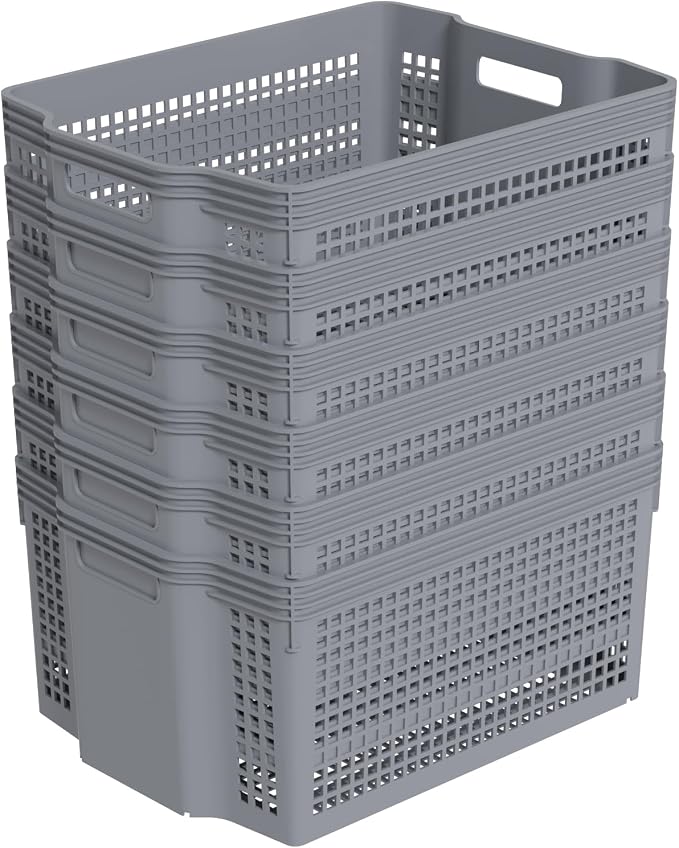 6-Pack Large Stackable Baskets Organizer, Rectangular Plastic Bins | Stackable Storage Bins with Handle, Space-Saving Nesting Design for Shelves, Pantry, Closet, Grey - Image 5