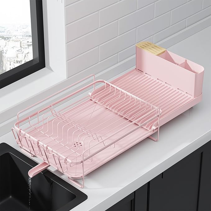 Kitsure Extendable Dish Drying Rack, 19.2"-26.7" L x 12.9" W, Pink | Large Dish Rack, Multifunctional Dish Rack for Kitchen Counter, Anti-Rust Dish Drainers with Cutlery & Cup Holders by Kitsure