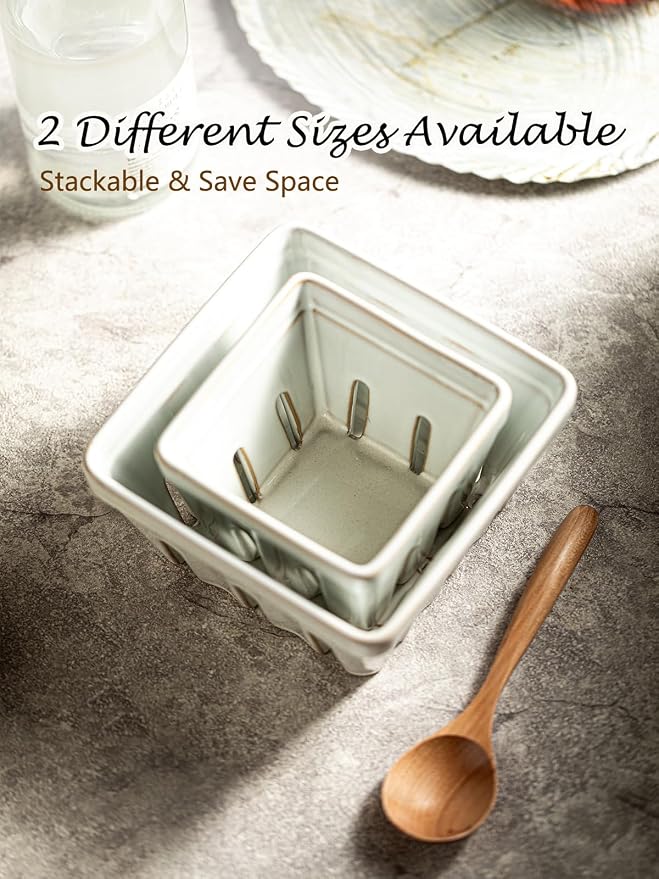 Gomakren Ceramic Berry Basket Set of 2, Square Fruit Bowl with Holes, Small Fruit Basket Containers for Kitchen Counter, Berries, Strawberry, Grape, Cherry, White - Image 8