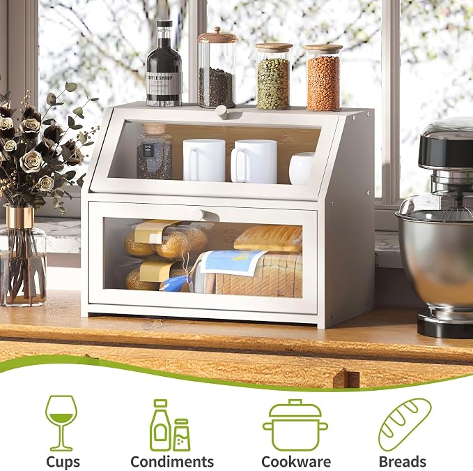 BMOSU Farmhouse Bread Box for Kitchen Countertop Bread box Double Layer Bamboo Wooden Extra Large Capacity Bin Kitchen Food Storage Container(White) - Image 5