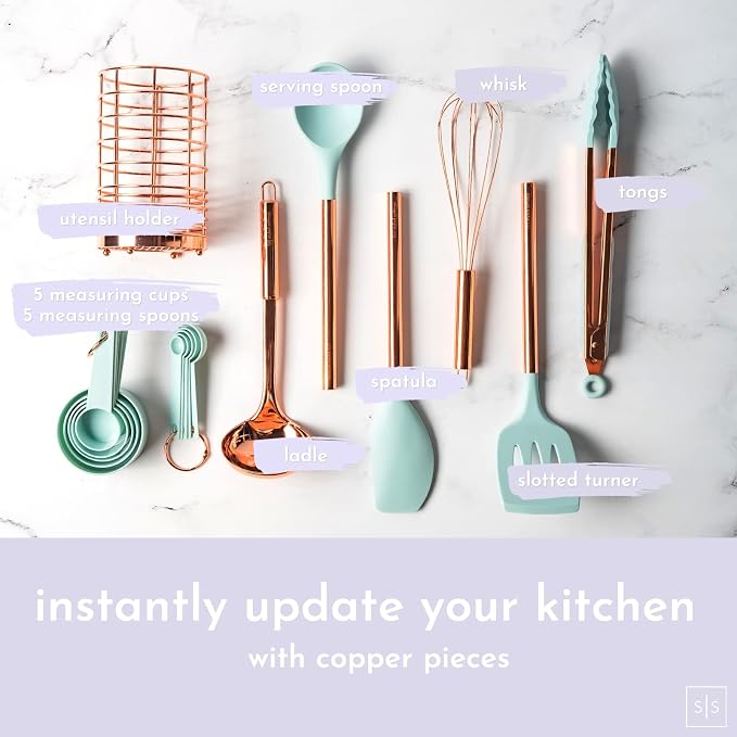 Styled Settings Copper and Teal Blue Kitchen Utensils, 17-Piece | Utensils Set with Copper Utensil Holder and Measuring Cups and Spoons for Stylish Cooking and Baking - Image 2