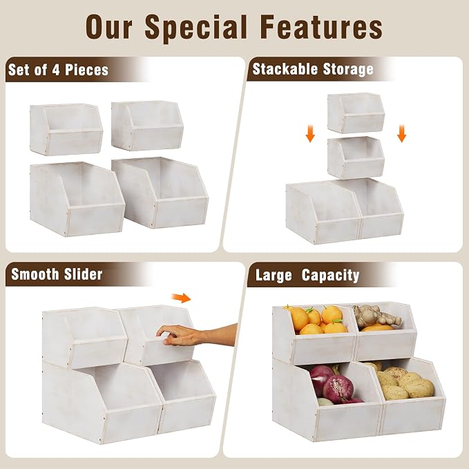 Trironsun 2 Set Bamboo Pantry Storage Bins Wood Stackable Baskets Potato and Onion Storage Bins Fruits Vegetable Bread Organization for Kitchen Counter - Image 4