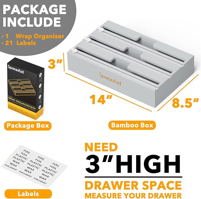 SpaceAid WrapNeat 3 in 1 Wrap Organizer with Cutter and Labels, Plastic Wrap, Aluminum Foil and Wax Bamboo Dispenser for Kitchen Storage Organization Holder for 12" Roll (Gray) - Image 3