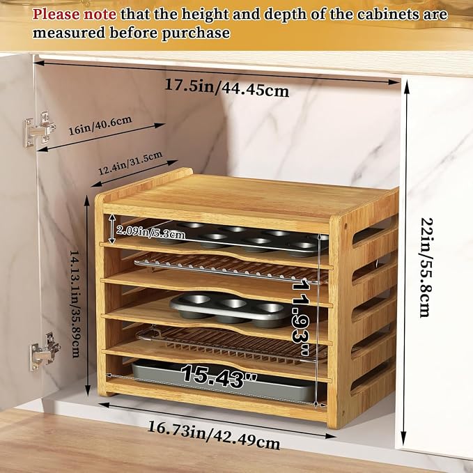 6 Tier Rubber Wooden Tray Dividers for Cabinets, Cookie Sheet Organizer | Heavy Weight, Premium Wood, Multiple Sizes, Saving Space, Vertical Tray Dividers for Storing pans, Baking tray, Cutting Board - Image 5