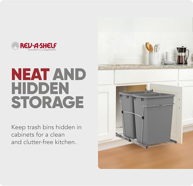 Rev-A-Shelf Double Pullout Garbage Trash Cans for Kitchen Cabinets, 35 Qt | Large Capacity Waste/ Recycling Bins, Heavy Gauge Wire Construction, with Full Extension Slides, Silver, RV-18KD-17C S - Image 5