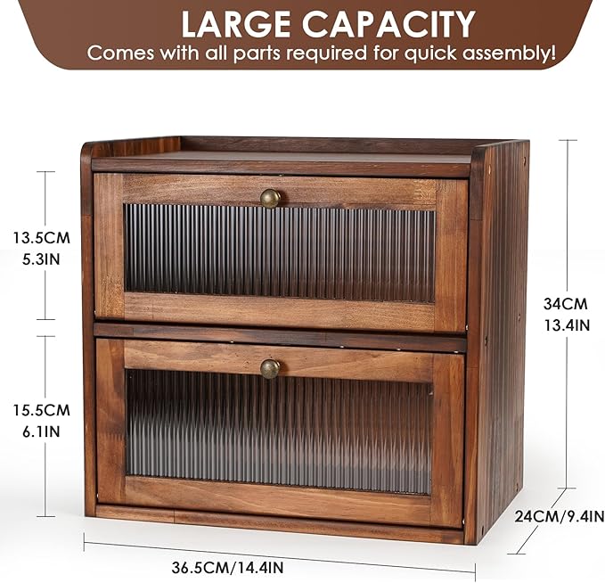 Sunhoo Bread Box for Kitchen Countertop Wooden Bread Storage Container Bin 2 Layer Breadbox Holder Large Capacity Keeper Vintage Farmhouse Food Organizer Pantry Shelf Acrylic Window (Brown) - Image 5