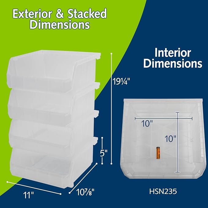 Medium-Wide Stackable Plastic Storage Bins, 4-Pack, Clear | Open-Front Stackable Bins For Garage, Pantry, Closet & Office, 11"L X 11"W X 5"H, Nests When Empty, Durable Plastic, - Image 2