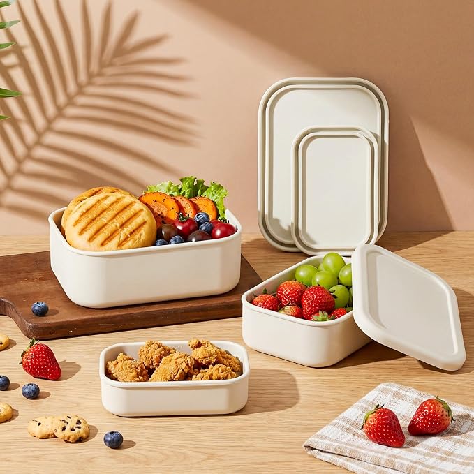 2 Sets of 6 Silicone Food Storage Containers, Reusable Lunch Bento Box with Lid, Hard Shell Storage Containers, Microwave Dishwasher Freezer Safe, 10 oz, 23.6 oz, 44 Ounce(Bone White) - Image 3