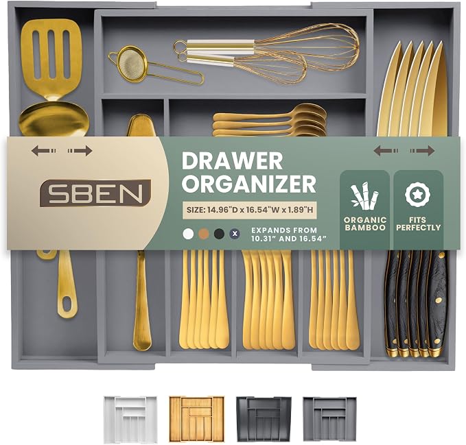 Sben Expandable Drawer Organizer for Utensils Holder, Adjustable Cutlery Tray, 6-8 Slots, Premium Wood Drawer Dividers Organizer for Silverware, Flatware, Knives for Kitchen (Gray) by SBEN