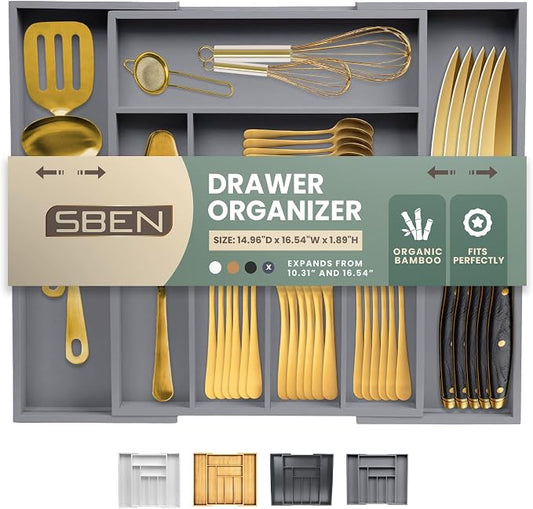 Sben Expandable Drawer Organizer for Utensils Holder, Adjustable Cutlery Tray, 6-8 Slots, Premium Wood Drawer Dividers Organizer for Silverware, Flatware, Knives for Kitchen (Gray) by SBEN
